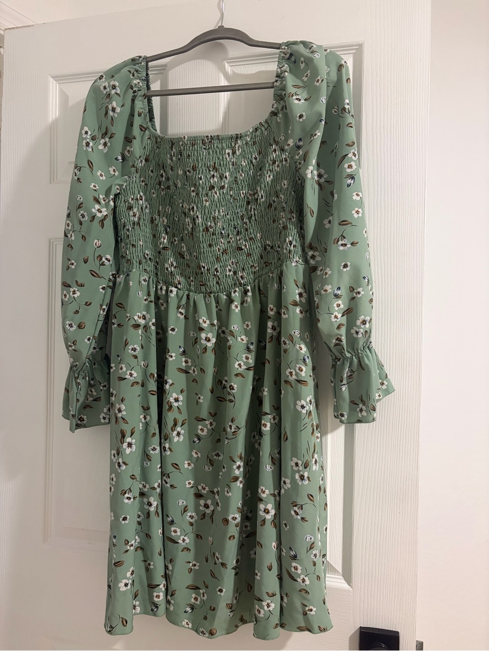 Smocked Floral Square-Neck Dress in Sage Green